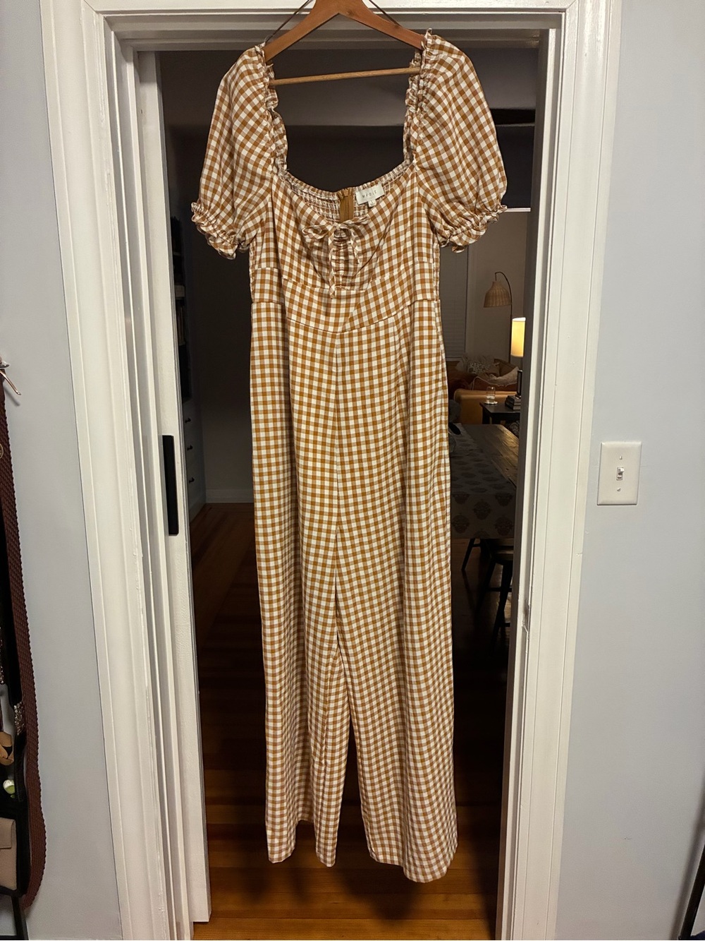 Gingham Puff-Sleeve Jumpsuit in Tan - Women